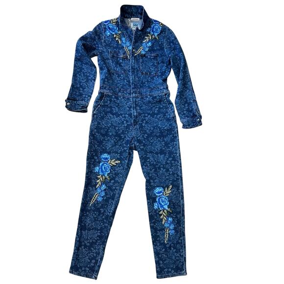Free People Re-Nully X Tricia Fix Embroidered Coveralls Dark Denim Sz:S Ret$350 - Picture 4 of 8
